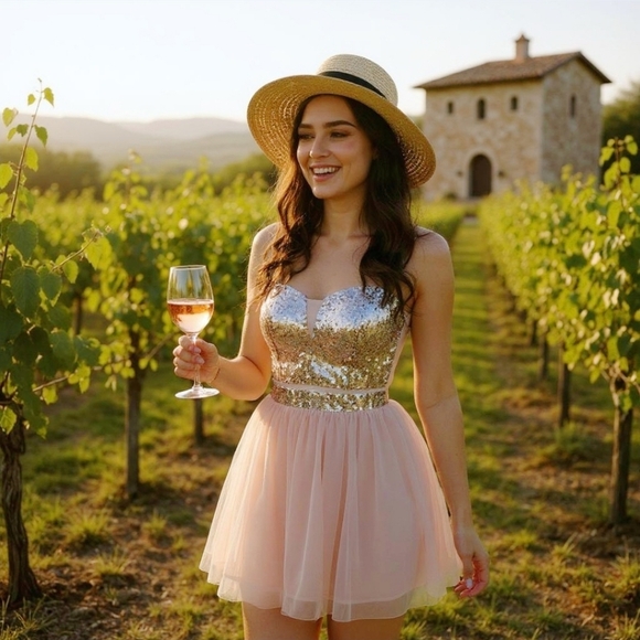 Steppin’ Out Champagne Sequin Skirt Set–Strapless Crop Top & Mesh Detail XS - Picture 1 of 17